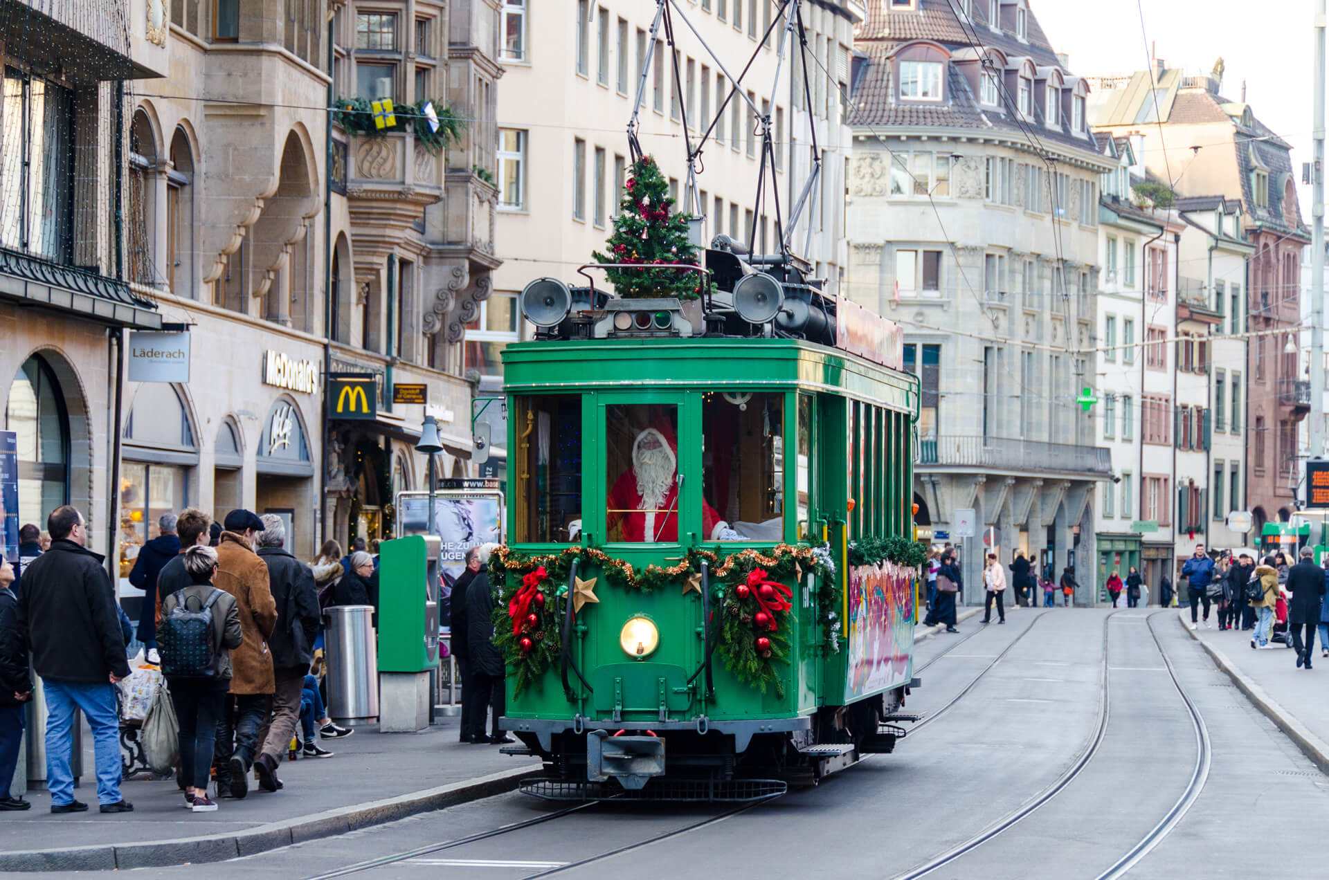 Christmas Tram Driven by Santa Claus in Basel